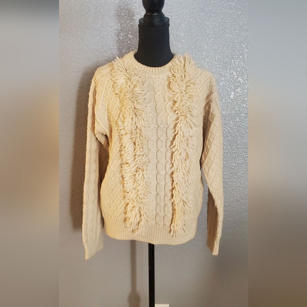 Tory Burch Cream Ivory Cable Knit Wool Fringe Pullover Sweater Women’s Size M - Picture 4 of 16
